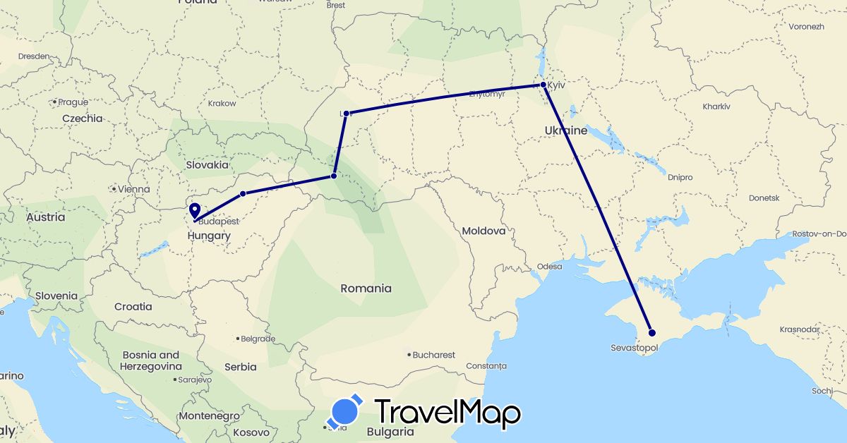 TravelMap itinerary: driving in Costa Rica, Hungary, Ukraine (Europe, North America)